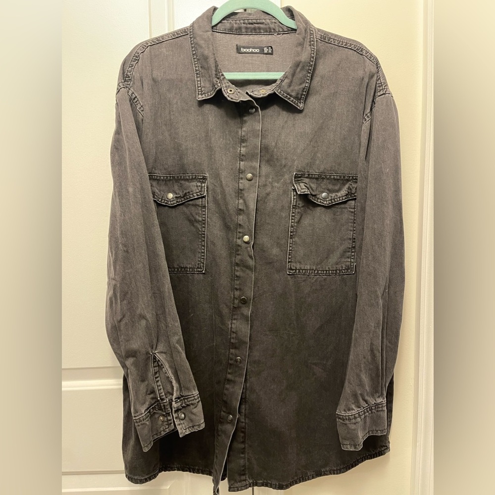 boohoo US 12 black denim snap button shirt dress